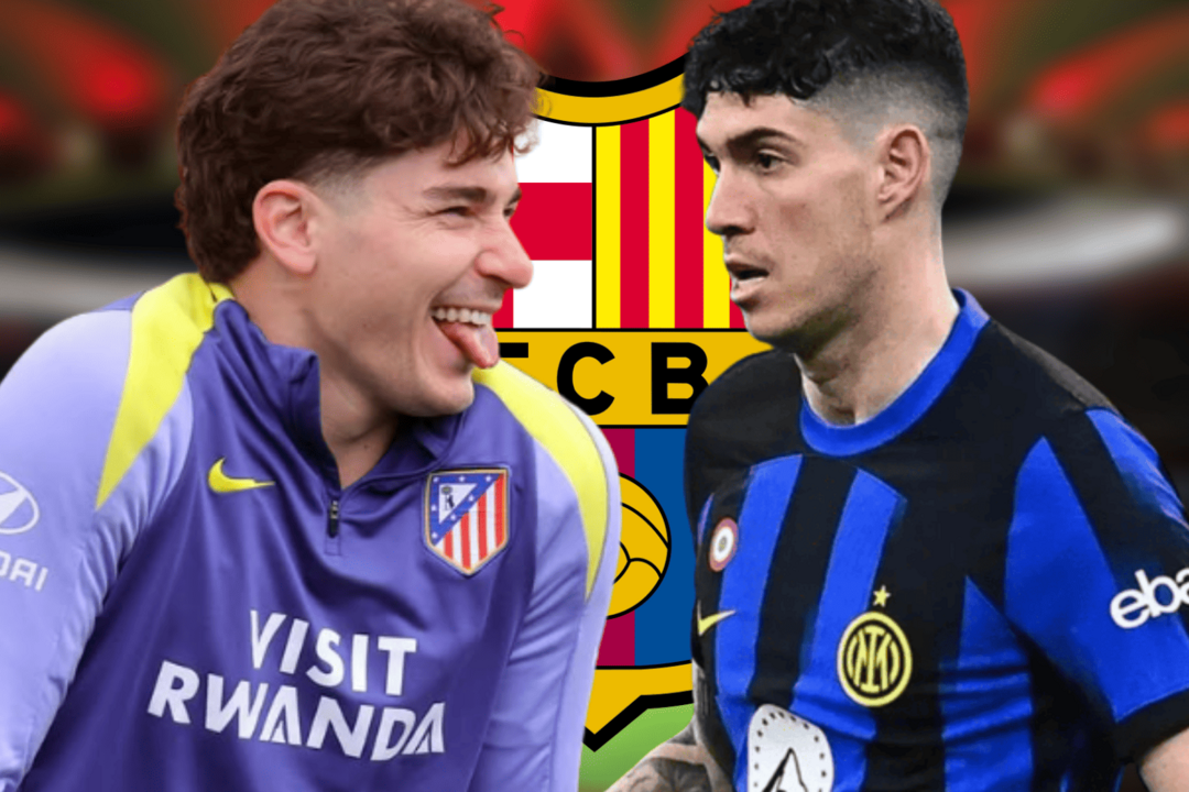Bastoni le ense&ntilde;a la realidad al Bar&ccedil;a con Juli&aacute;n Alvarez | Fuente (@Atleti, tribuna.com, Canva)