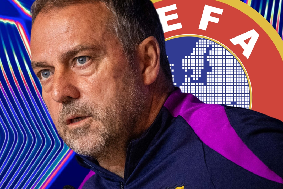 Flick se queja del c&eacute;sped | Fuente: (@uefachampionslague, @FCBarcelona y Canva)