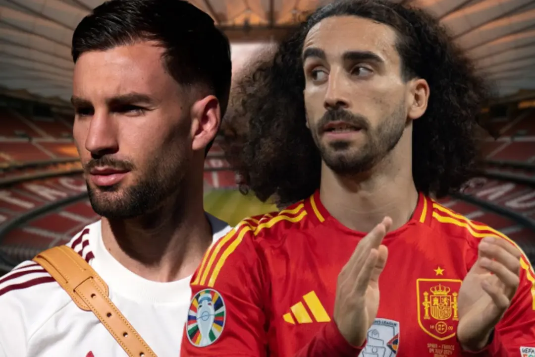 La imagen entre &Aacute;lex Baena y Cucurella | Fuente (Canva, @alexbbaena, @cucurella3)
