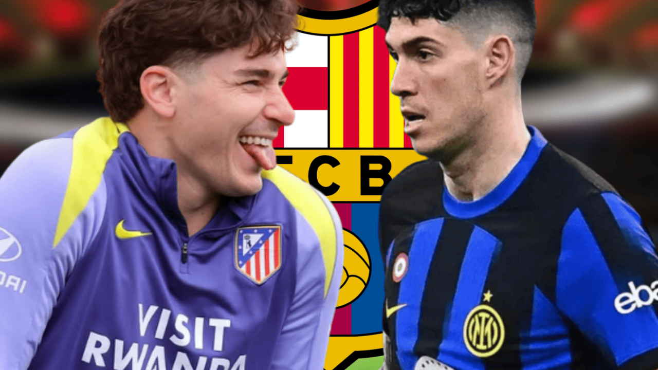 Bastoni le ense&ntilde;a la realidad al Bar&ccedil;a con Juli&aacute;n Alvarez | Fuente (@Atleti, tribuna.com, Canva)