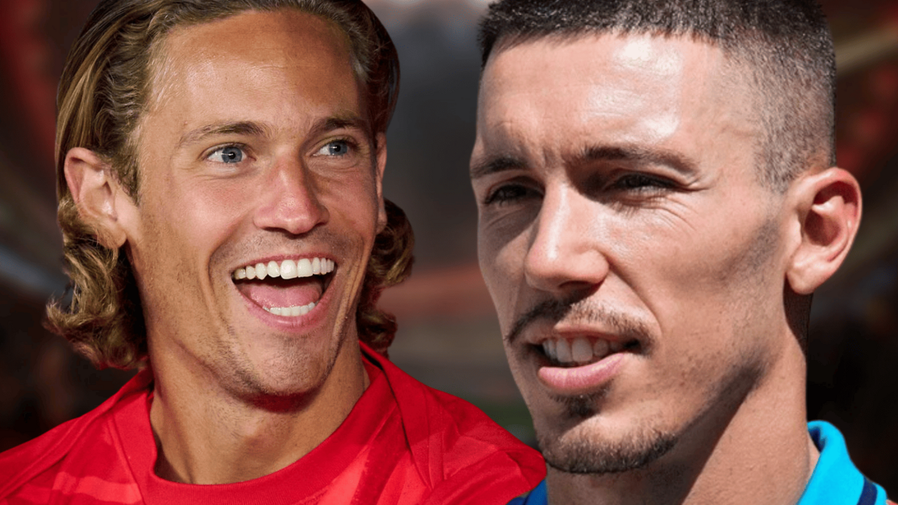 Llorente y Grimaldo y su celebraci&oacute;n m&aacute;s ic&oacute;nica | Fuente (@Atleti, @bayer04_es, Canva)