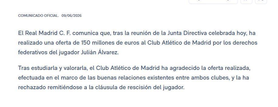 Comunicado del Real Madrid sobre la oferta de Julián Álvarez