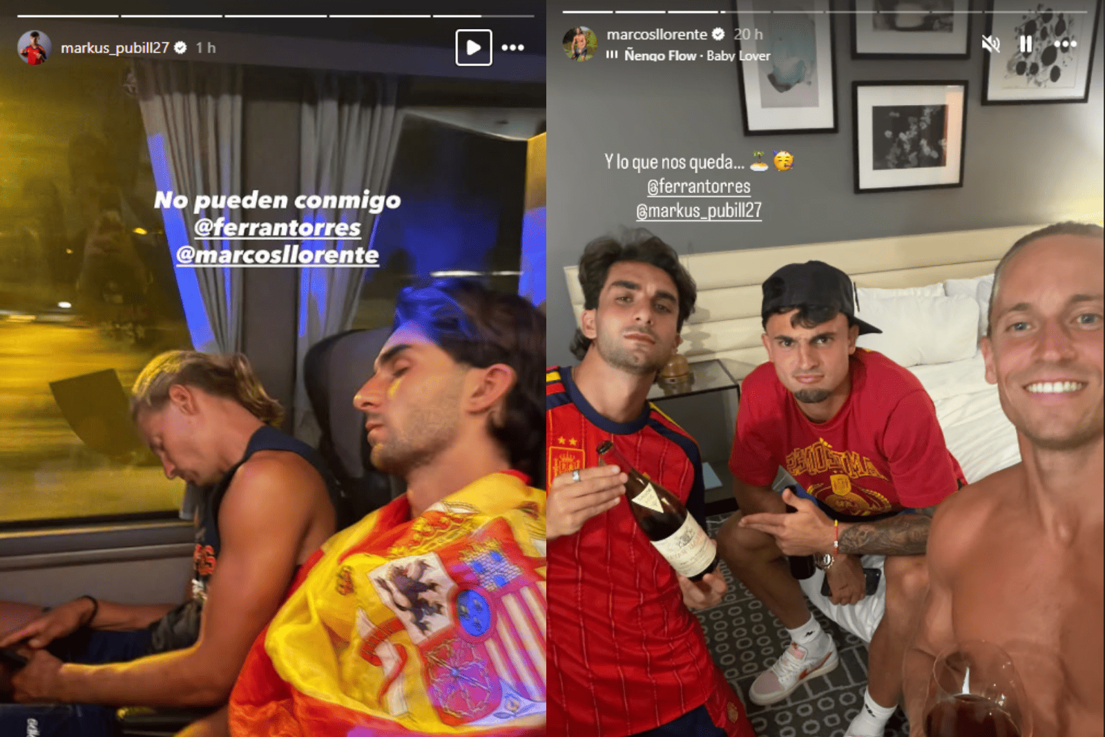 Las historias de Instagram de los jugadores rojiblancos con Ferrán Torres | Fuente (@markus_pubill27, @marcosllorente)